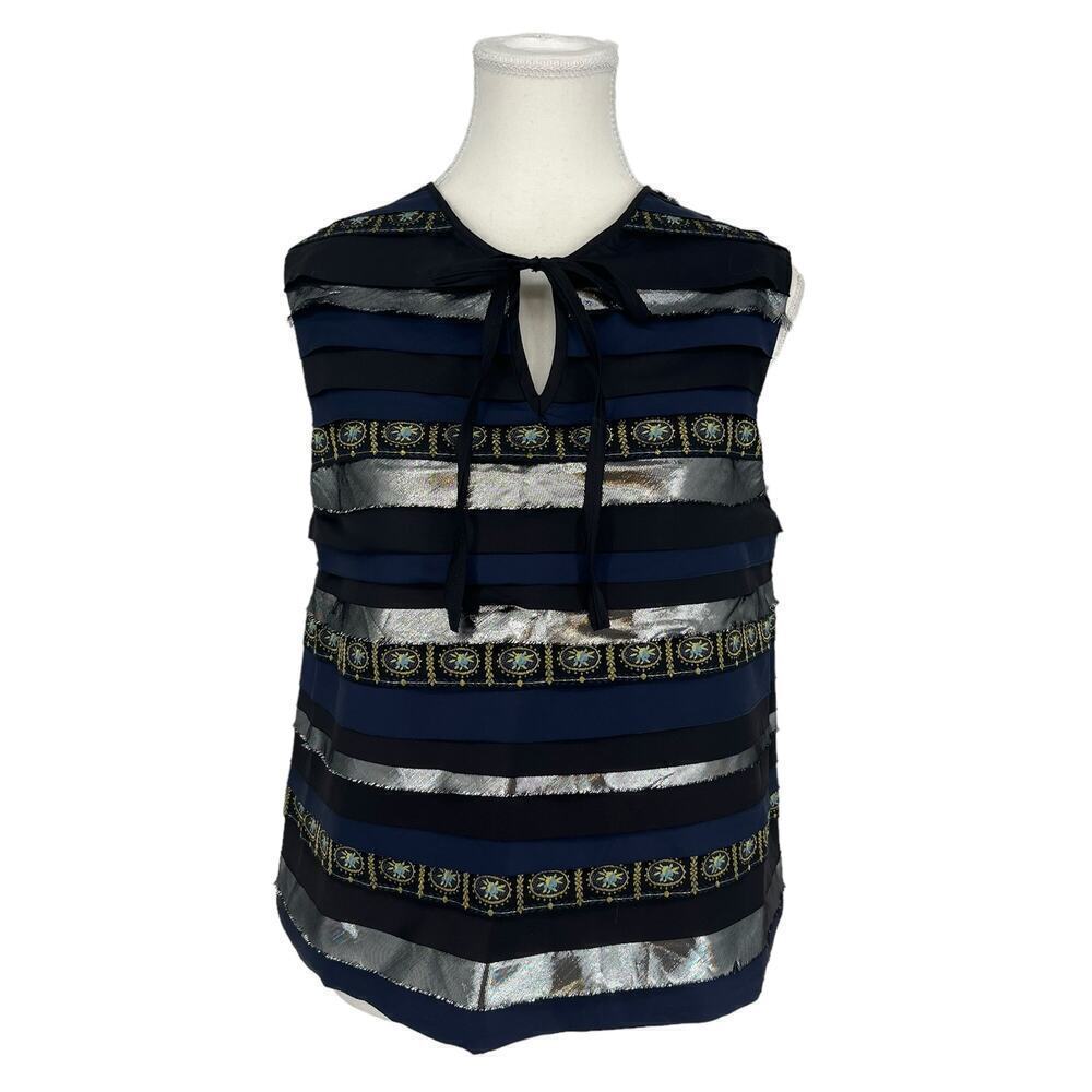 Adam Selman Blouse Fabric Tiered Metallic Embroidered Navy Silver Medium